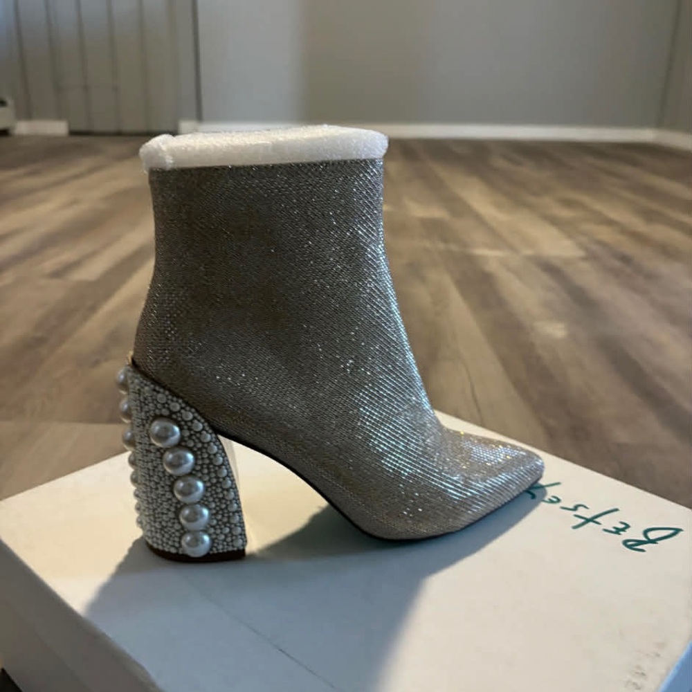 Betsey Johnson Silver Pearl-Embellished Block Heel Ankle Boot